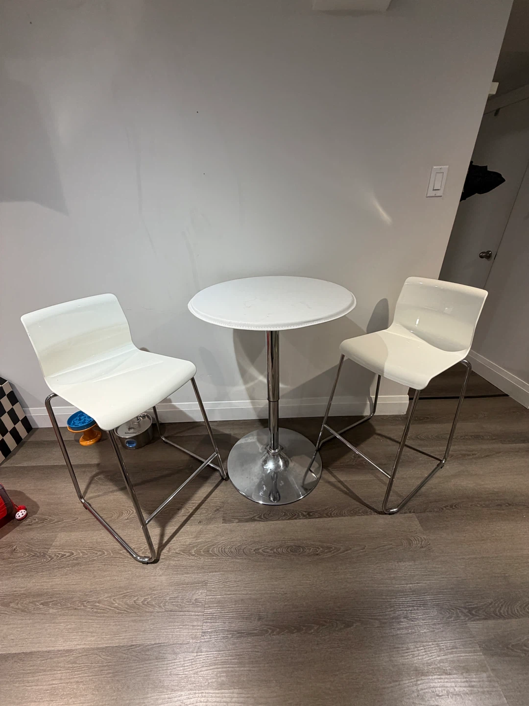 White Bistro Table with Two Matching Bar Stools
