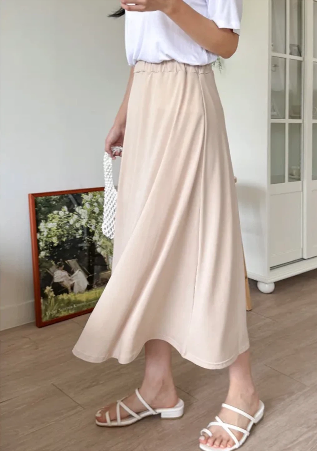 Beige Elastic Waist Midi Skirt - photo 2