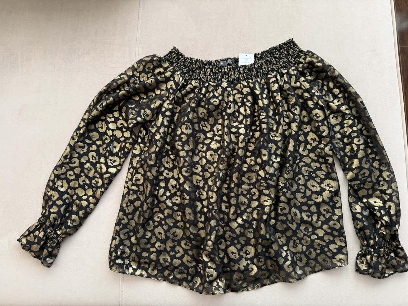 Suzy Shier Gold Leopard Print Off-Shoulder Top