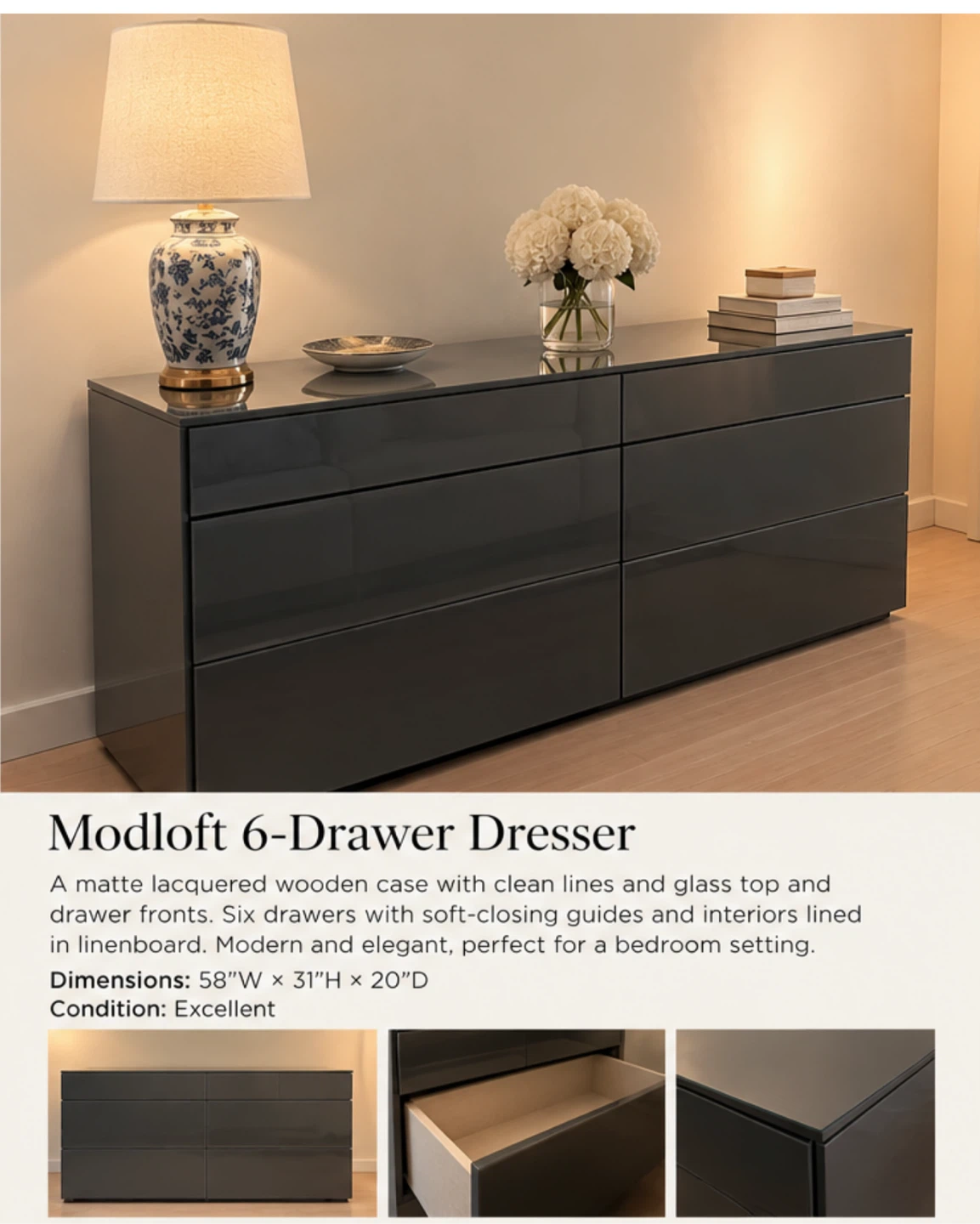 Elegant Modloft Grey Lacquered 6 Drawer Dresser - photo 4