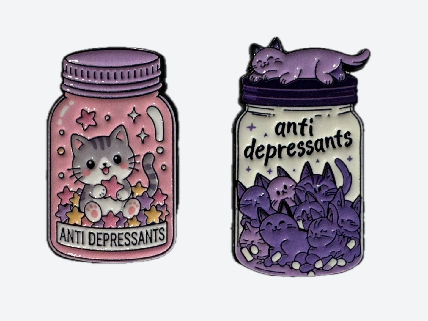 Set of 2 Cat Anti-Depressants Enamel Pins