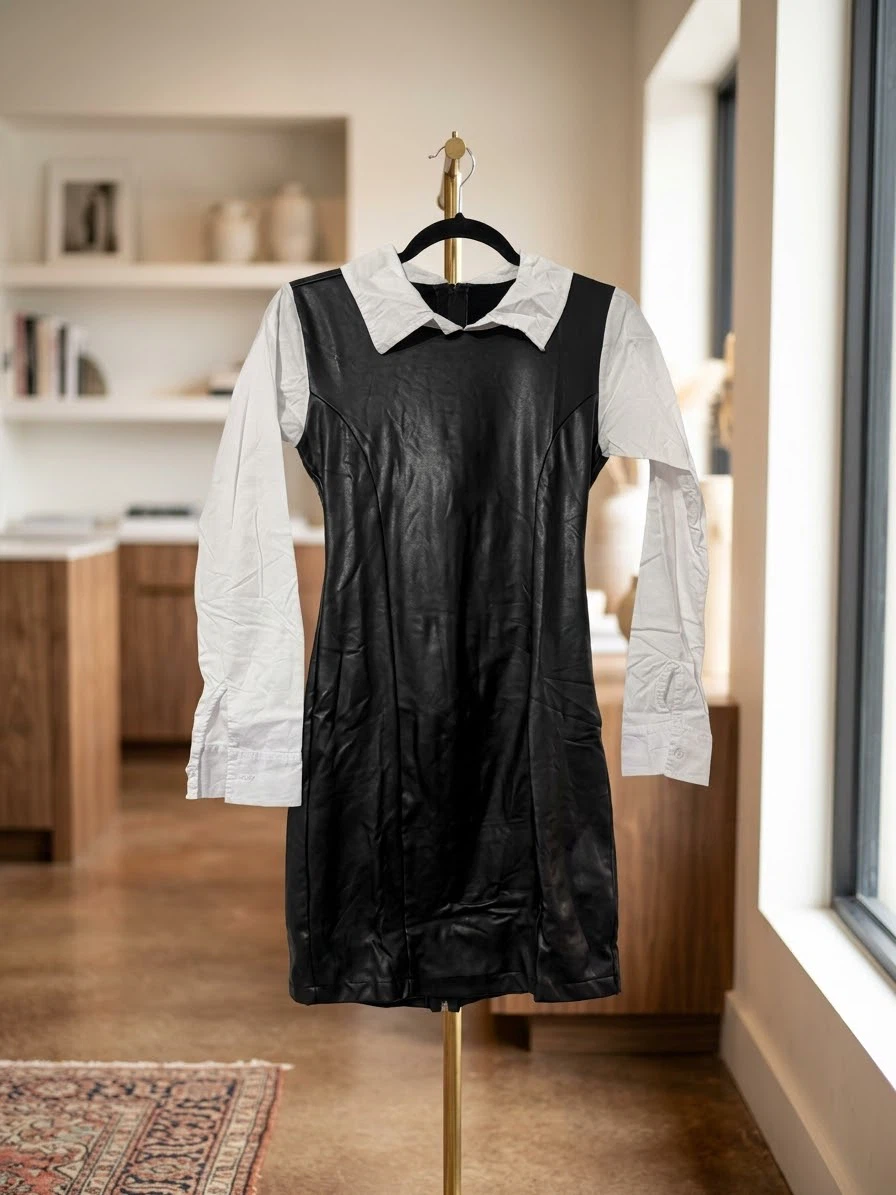 Black Faux Leather Long Sleeve Dress