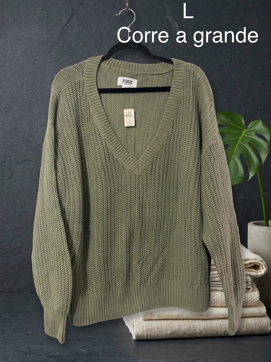 Pink V-Neck Olive Green Sweater