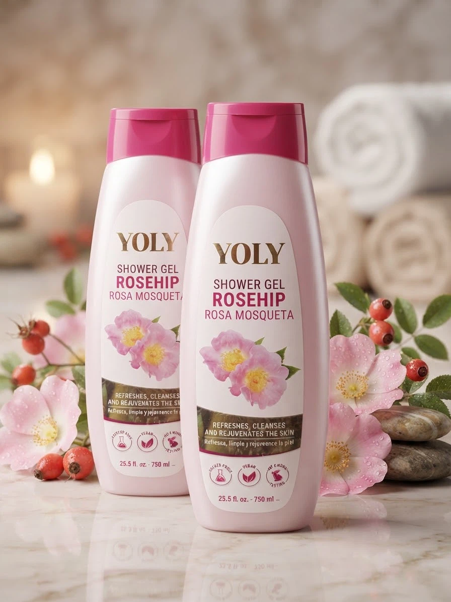 Two Yoly Rosehip Shower Gel Bottles