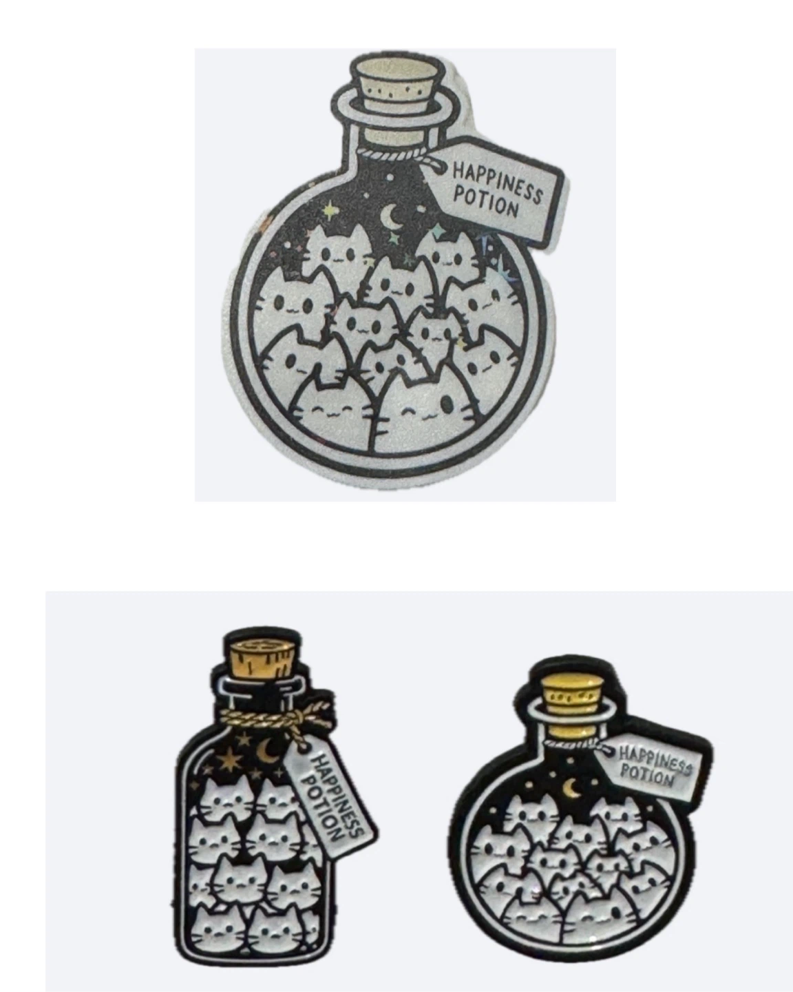 Set of 3 items (2 Happiness Potion Cat Pins and 1 Sticker)