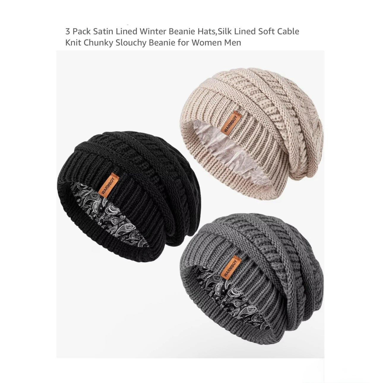 Brand new 3 Pack Satin Lined Winter Beanie Hats