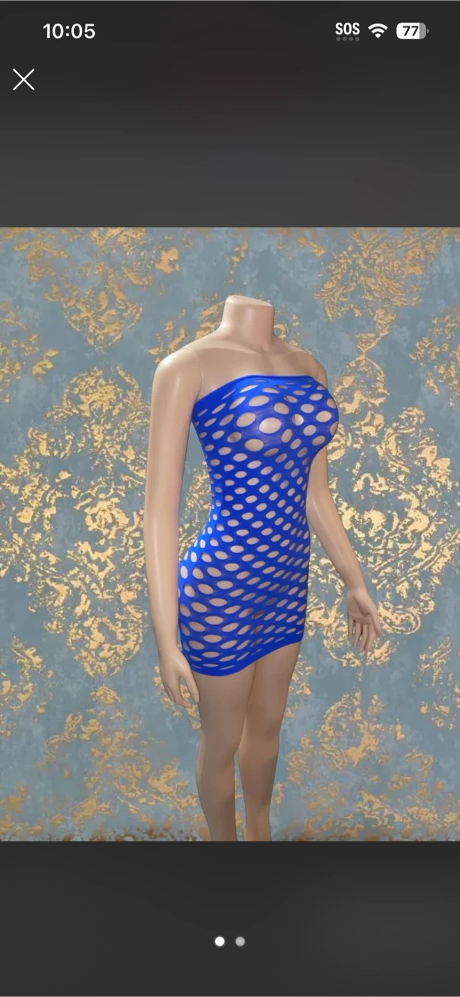 Blue strapless fishnet mini dress
