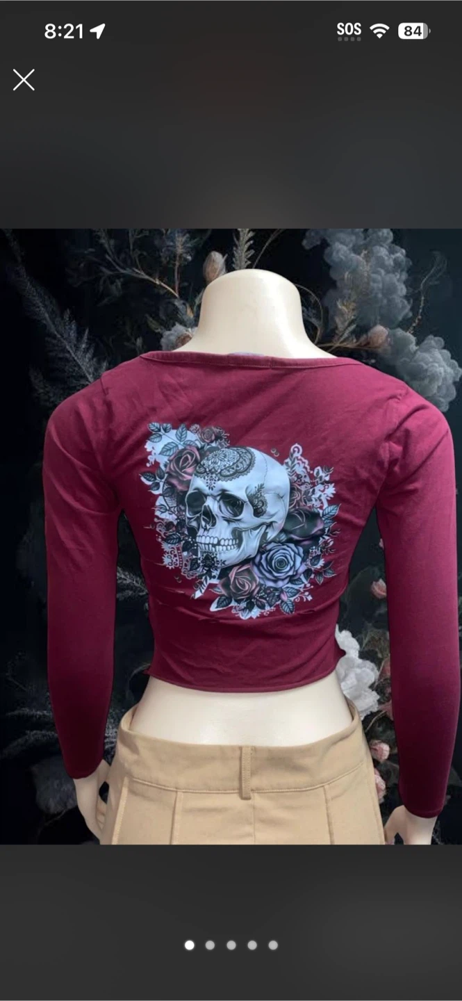 Burgundy Long Sleeve Distressed Skull Crop Top