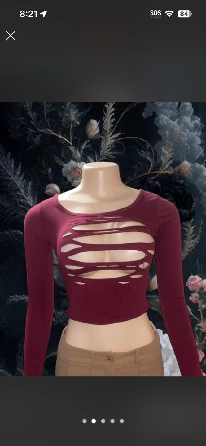 Burgundy Long Sleeve Distressed Skull Crop Top - photo 2