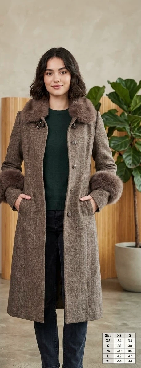 Women’s Taupe Brown Long Coat with Faux Fur – Like New