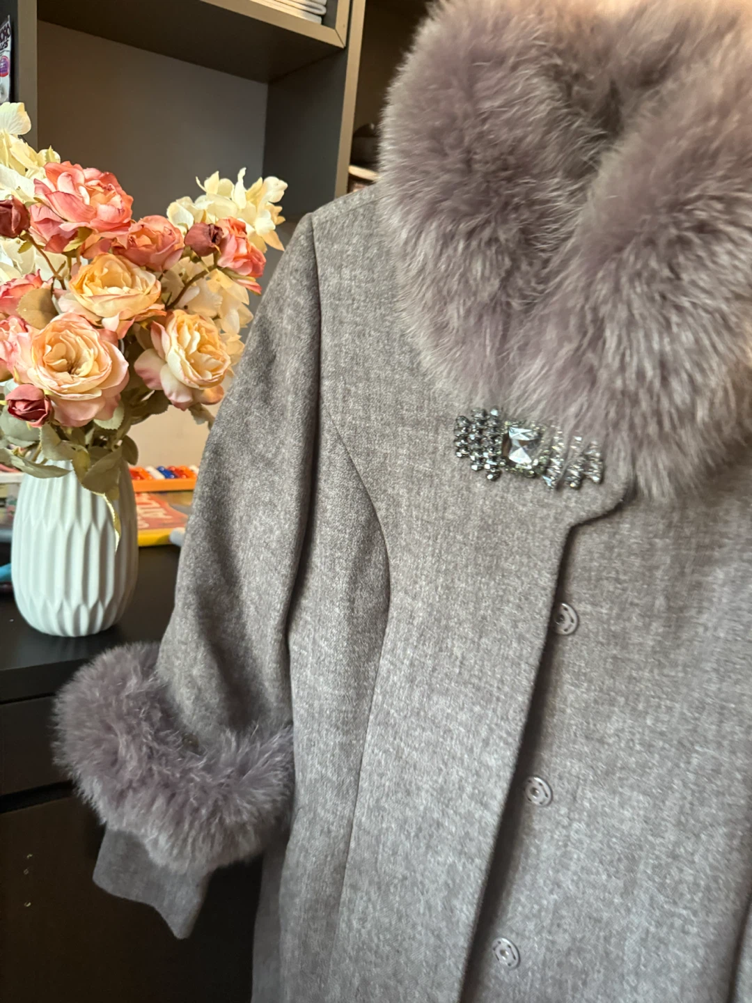 Women’s Taupe Brown Long Coat with Faux Fur – Like New - photo 3