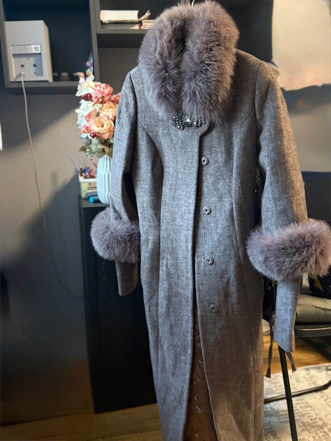 Women’s Taupe Brown Long Coat with Faux Fur – Like New - photo 4