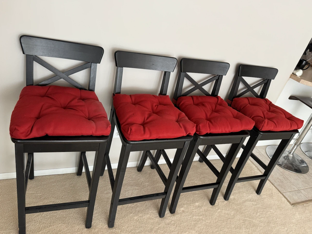 Set of 4 Black Wooden Bar Stools with Red Cushions