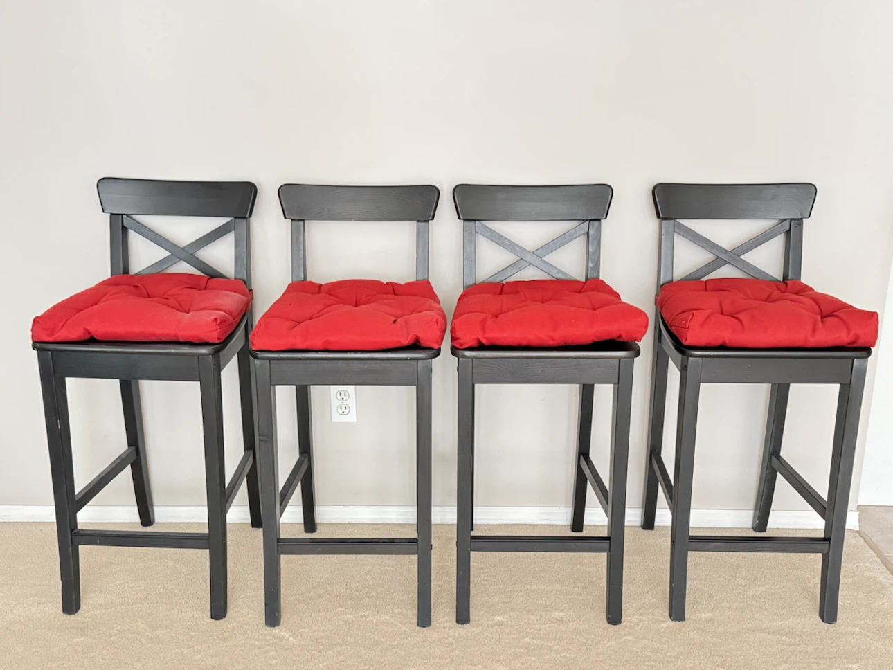 Set of 4 Black Wooden Bar Stools with Red Cushions - photo 2