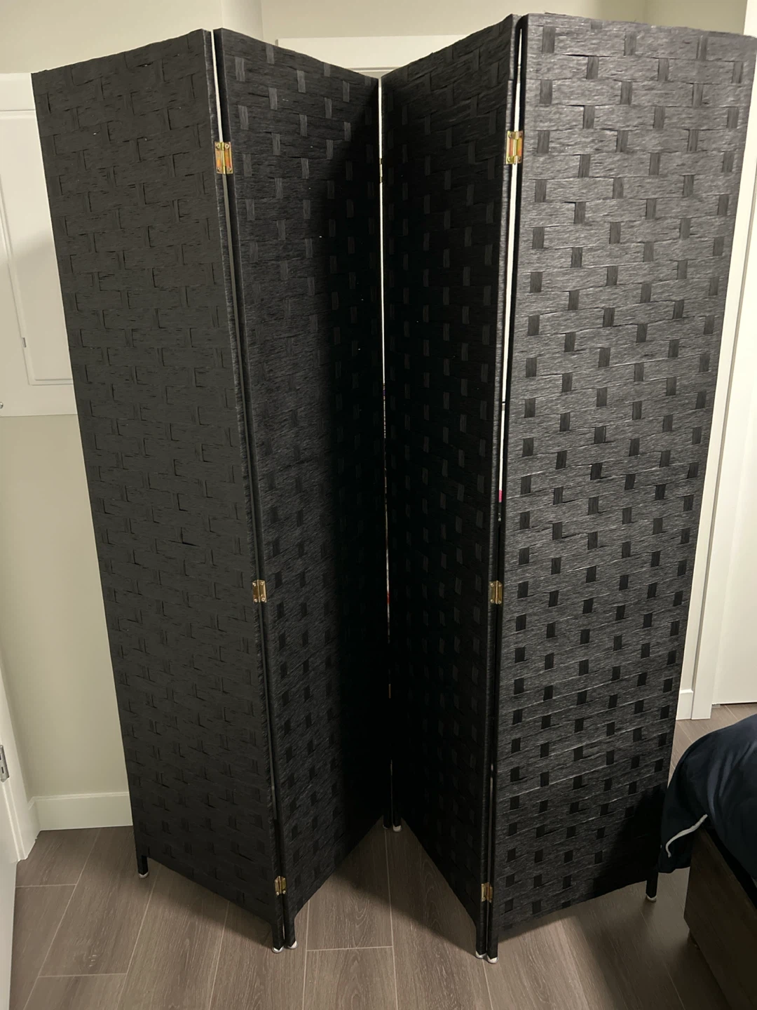 Four-panel modern black woven room divider