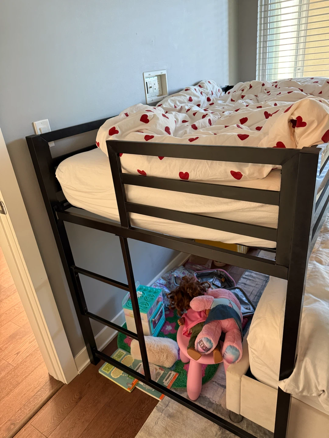 Loft bed with mattress, below and bed sheets used for 1 year