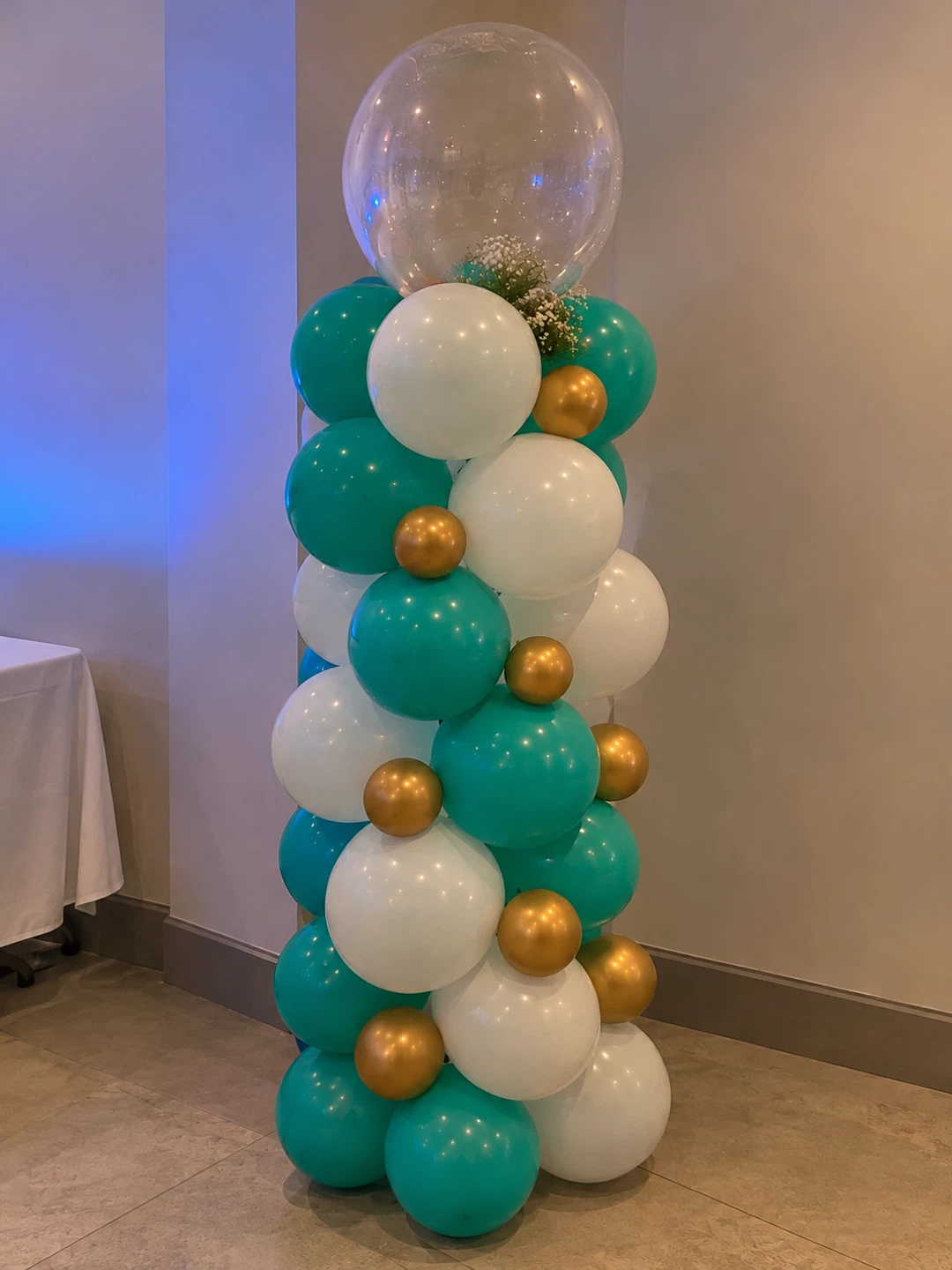 Teal, White and Gold Balloon Column Display