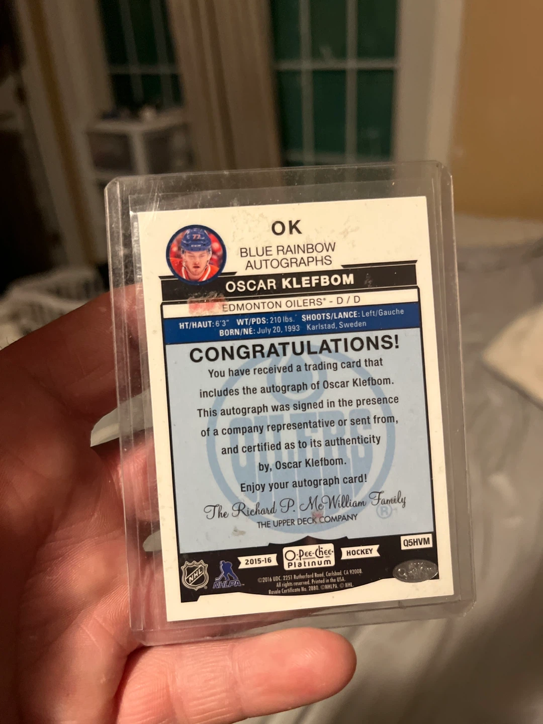 2015-16 O-Pee-Chee Platinum Oscar Klefbom Autograph - photo 2