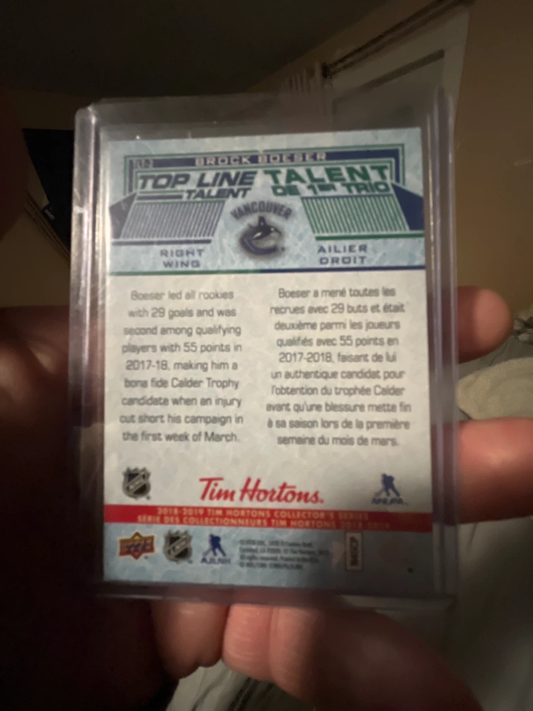 2018-2019 Upper Deck Tim Hortons Brock Boeser Card - photo 2