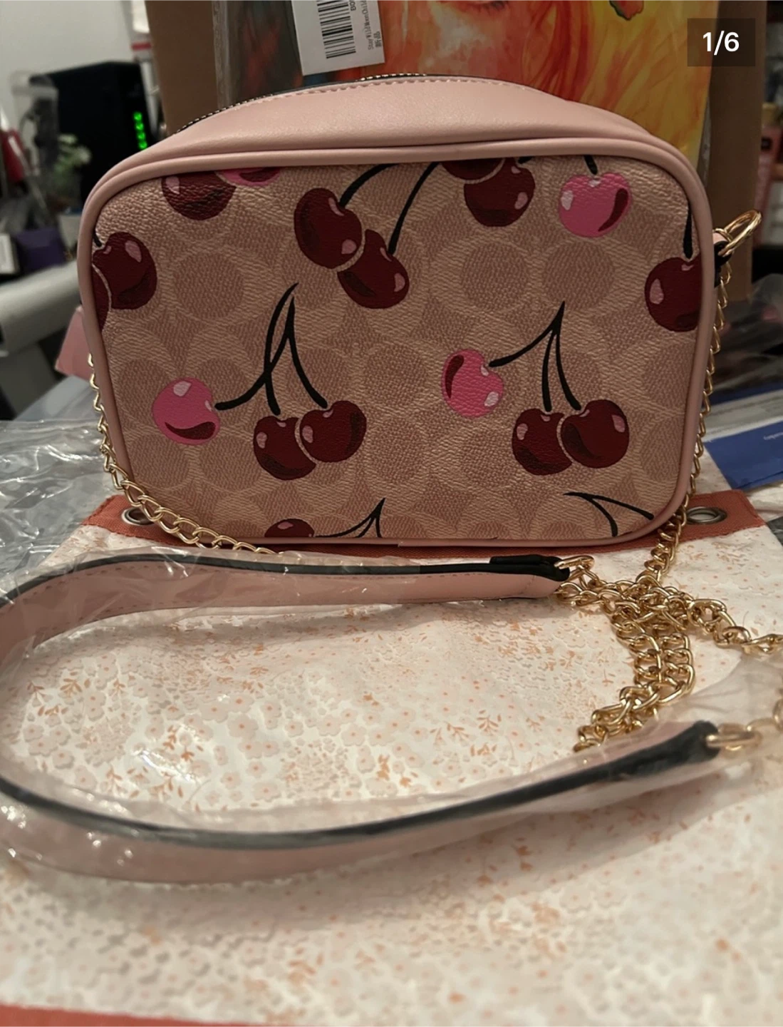 Pink Cherry Print Crossbody Bag