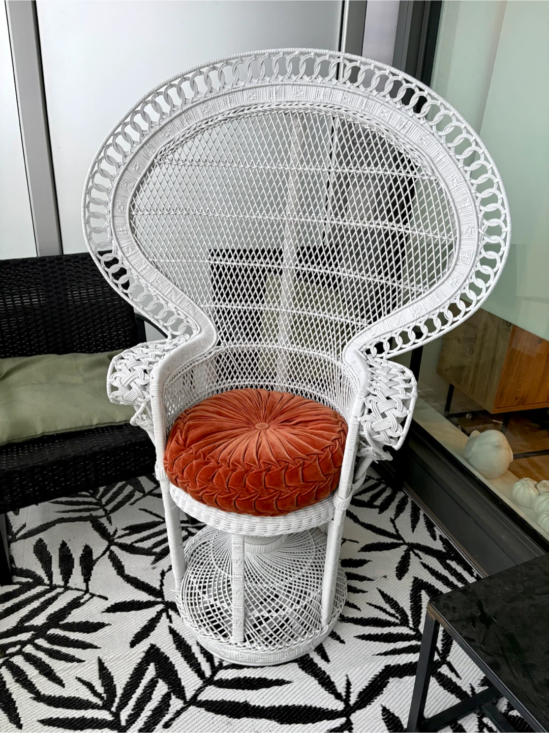 Freshly primed and painted Vintage White Peacock Wicker Chair