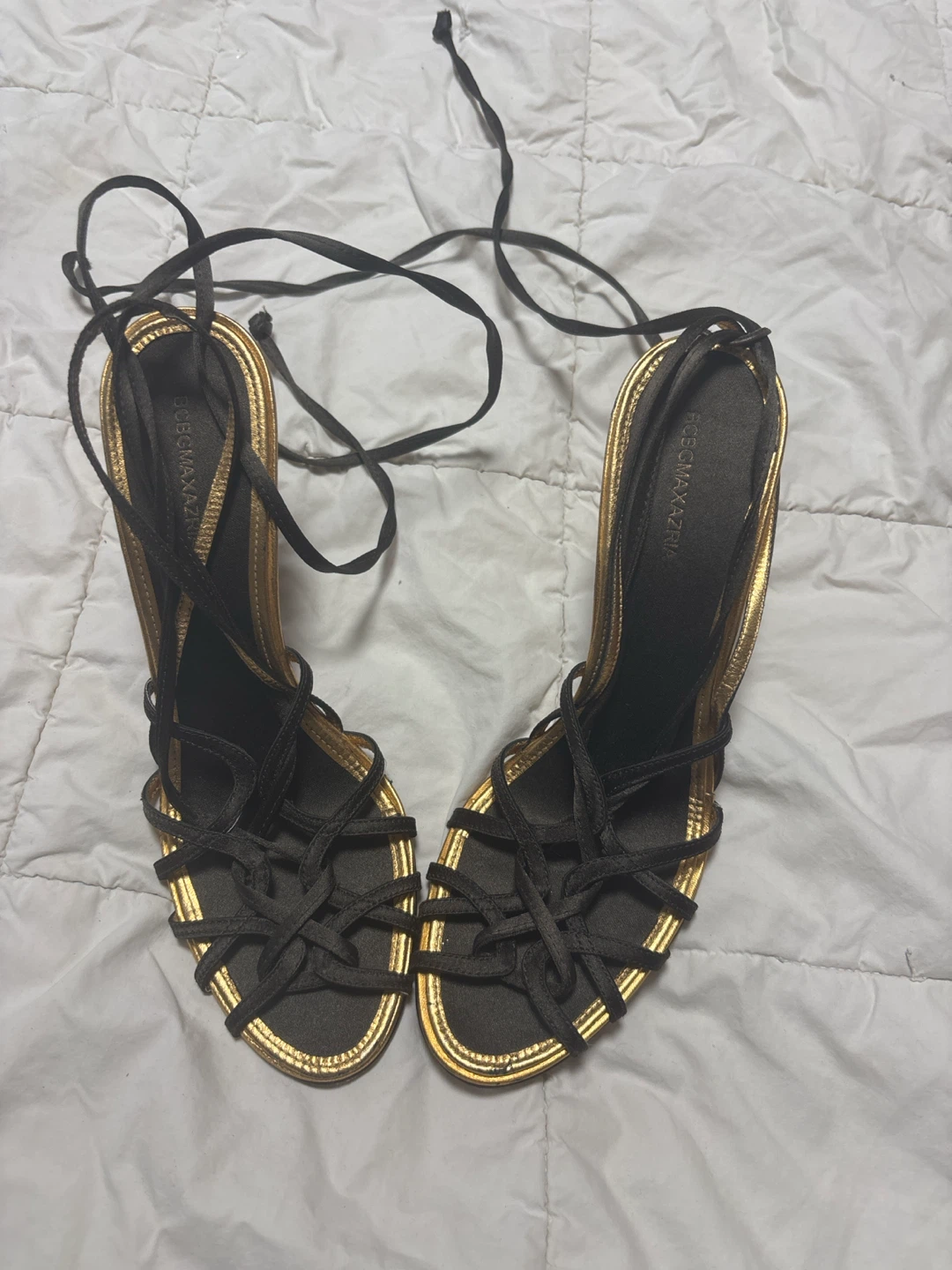 BCBGMAXAZRIA Black and Gold Lace-Up Heels