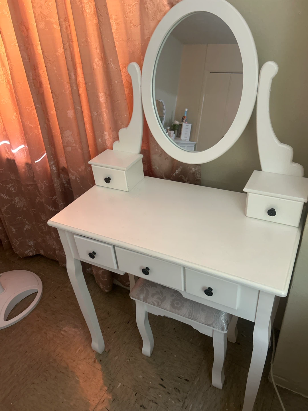 White Vanity Table with Mirror and Stool