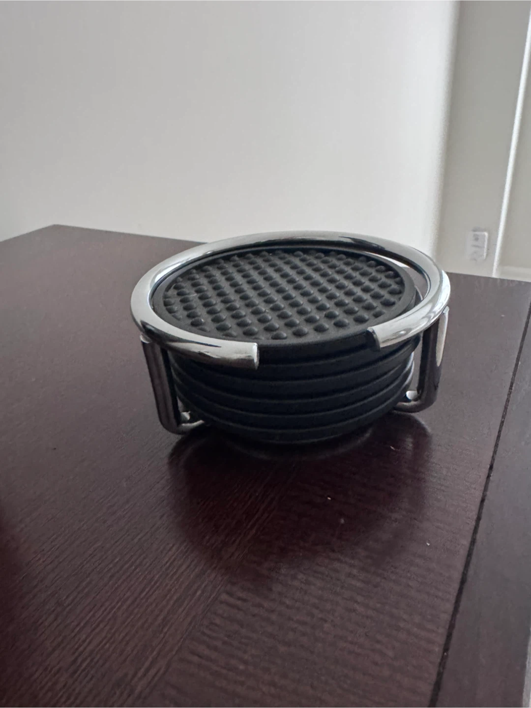 Set of 6 Black Round Coasters with Chrome Holder