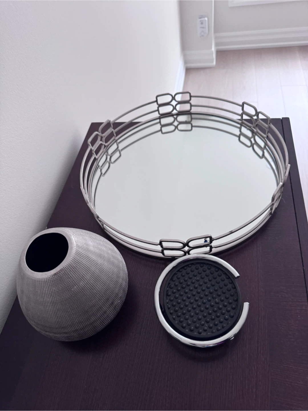 Decorative Mirror Tray with Textured Vase and Coasters