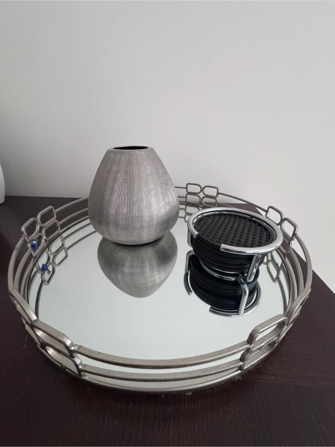 Decorative Mirror Tray with Textured Vase and Coasters - photo 2