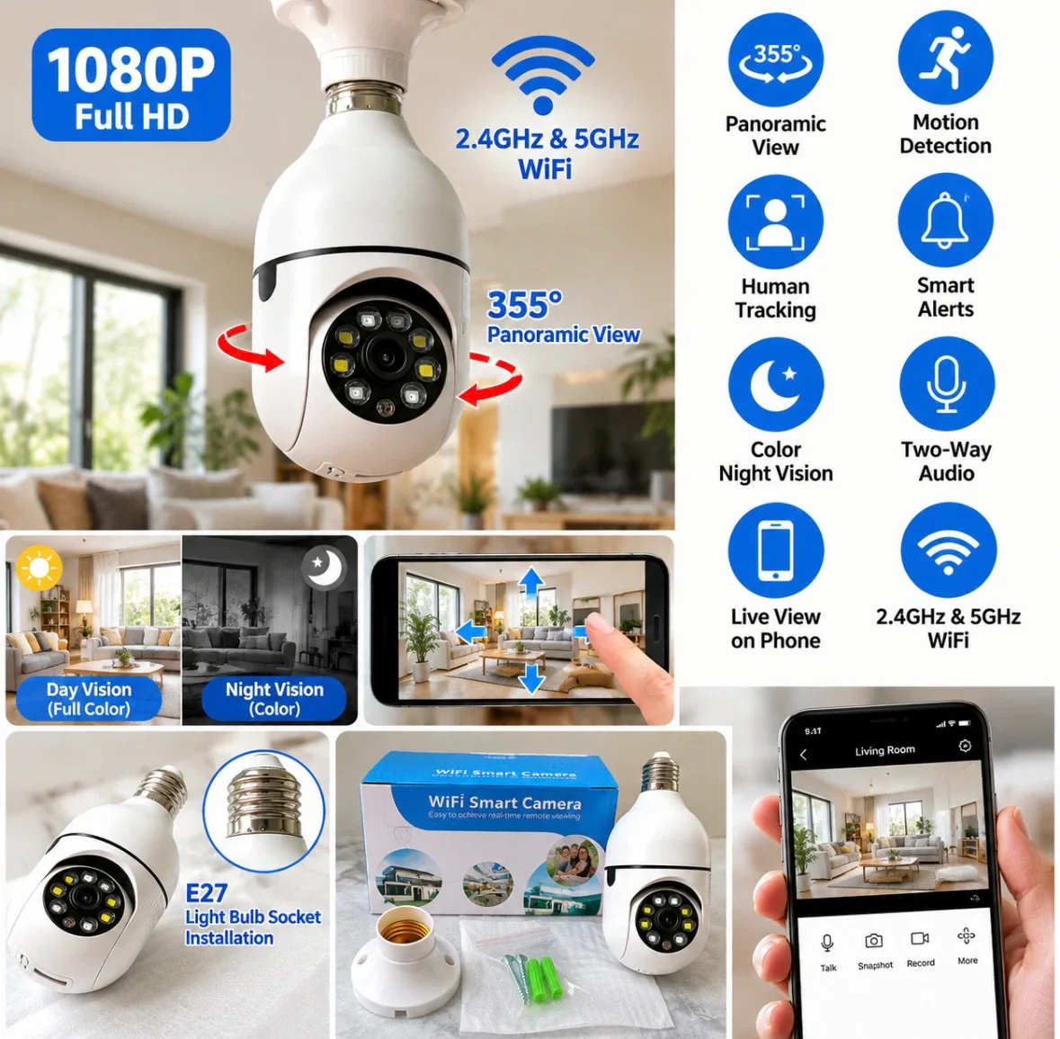 WiFi Smart Light Bulb Camera 1080P