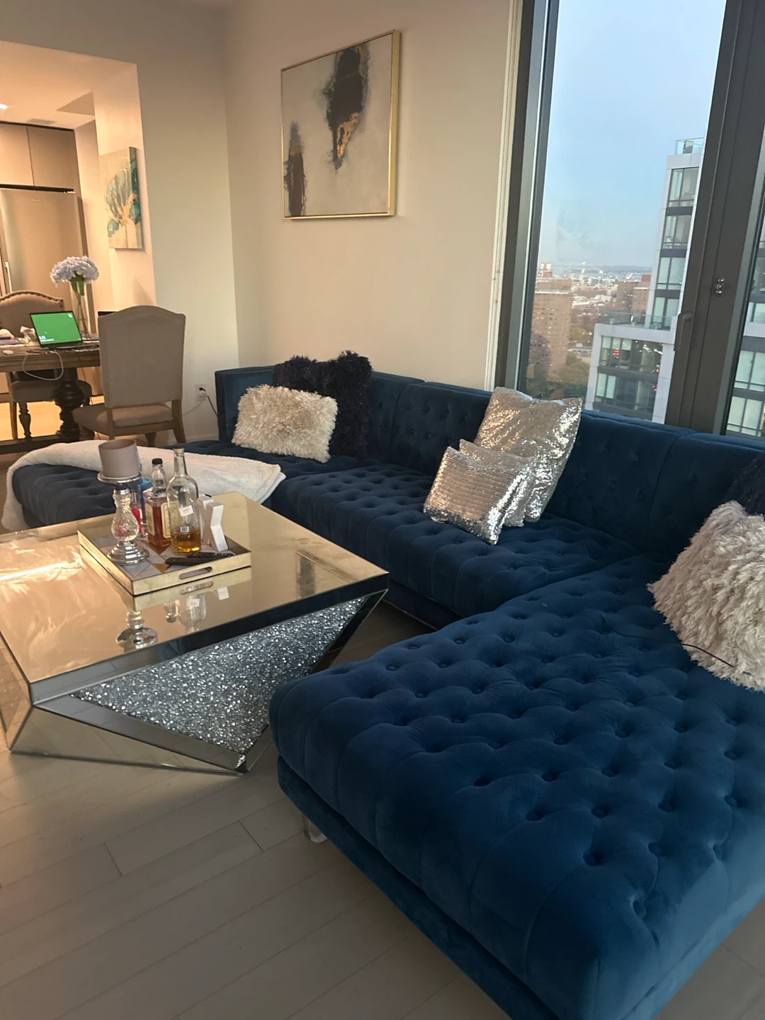 Blue Suede Sofa-Blue Suede Ottoman-Mirrored Coffee Table