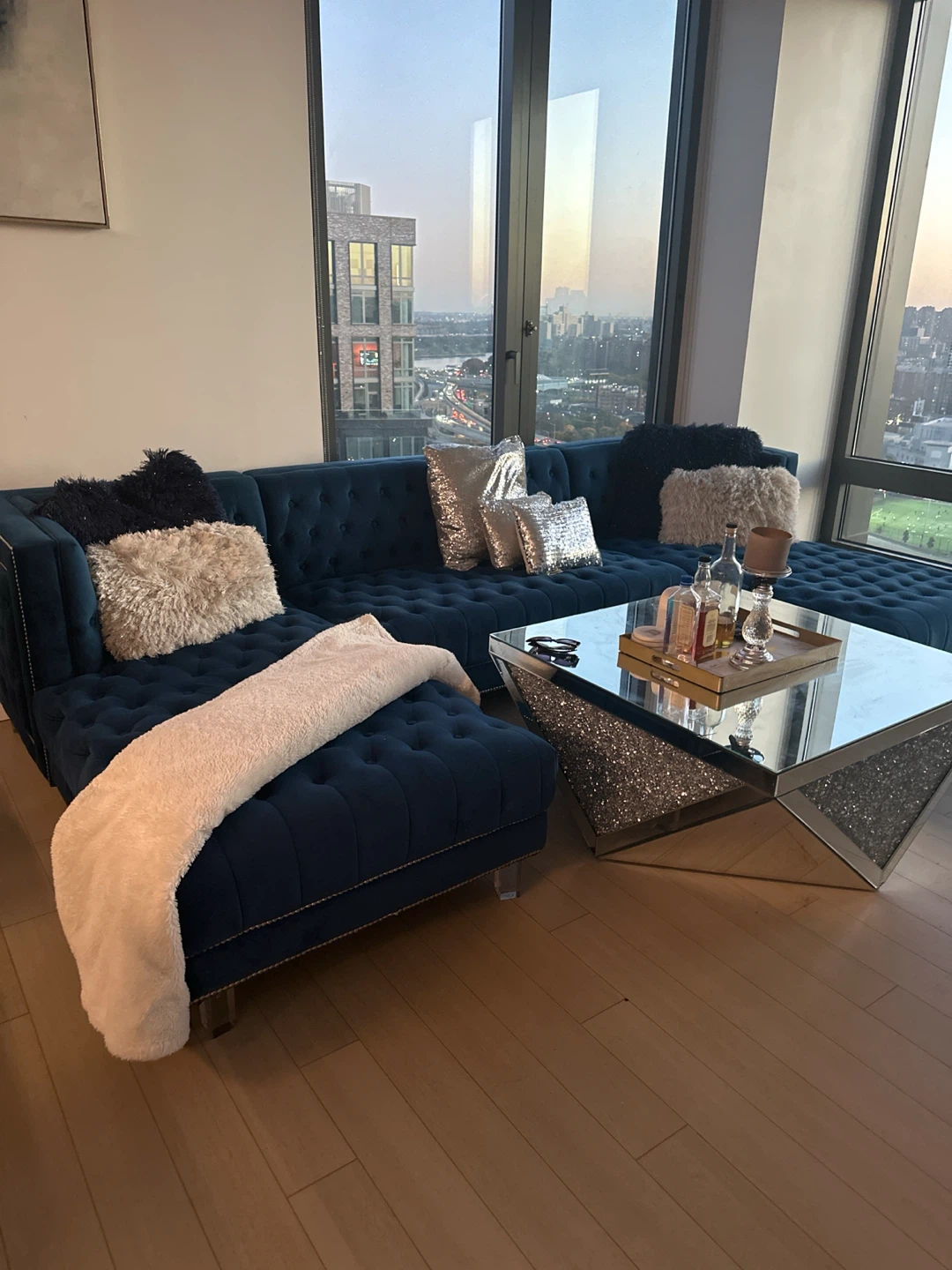 Blue Suede Sofa-Blue Suede Ottoman-Mirrored Coffee Table - photo 2
