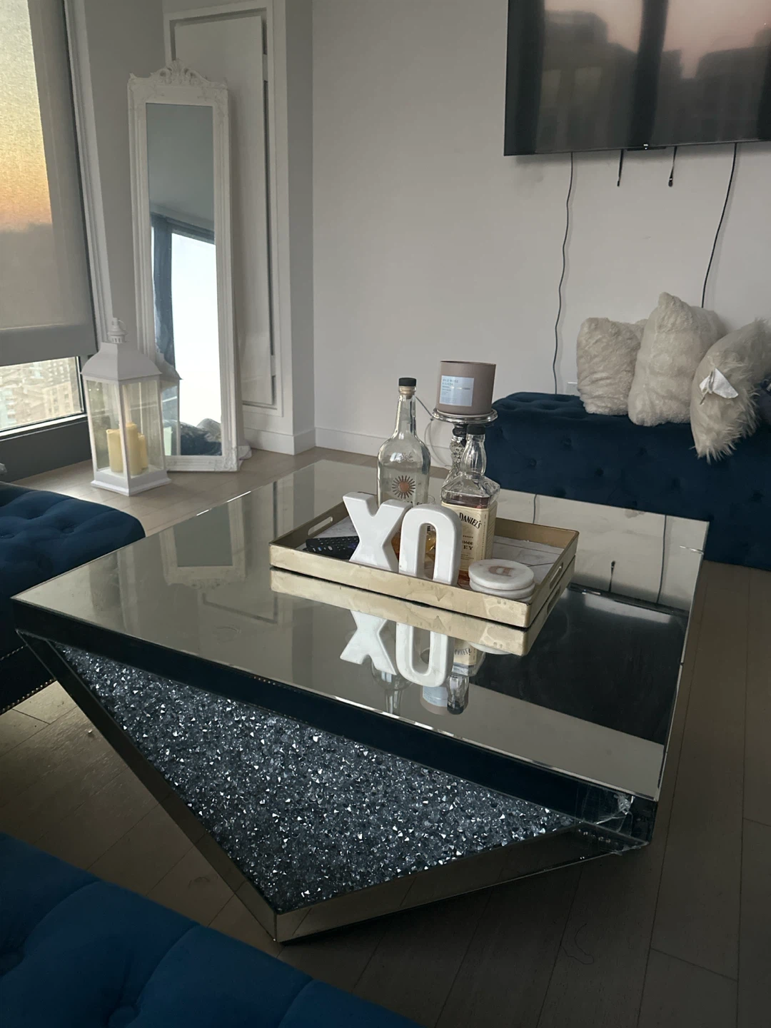 Blue Suede Sofa-Blue Suede Ottoman-Mirrored Coffee Table - photo 3