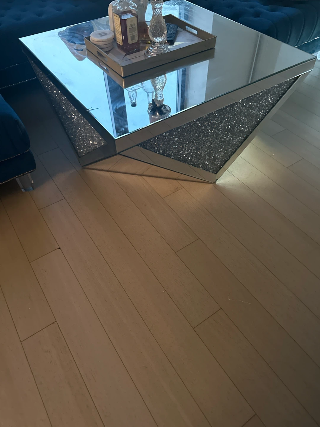 Blue Suede Sofa-Blue Suede Ottoman-Mirrored Coffee Table - photo 4
