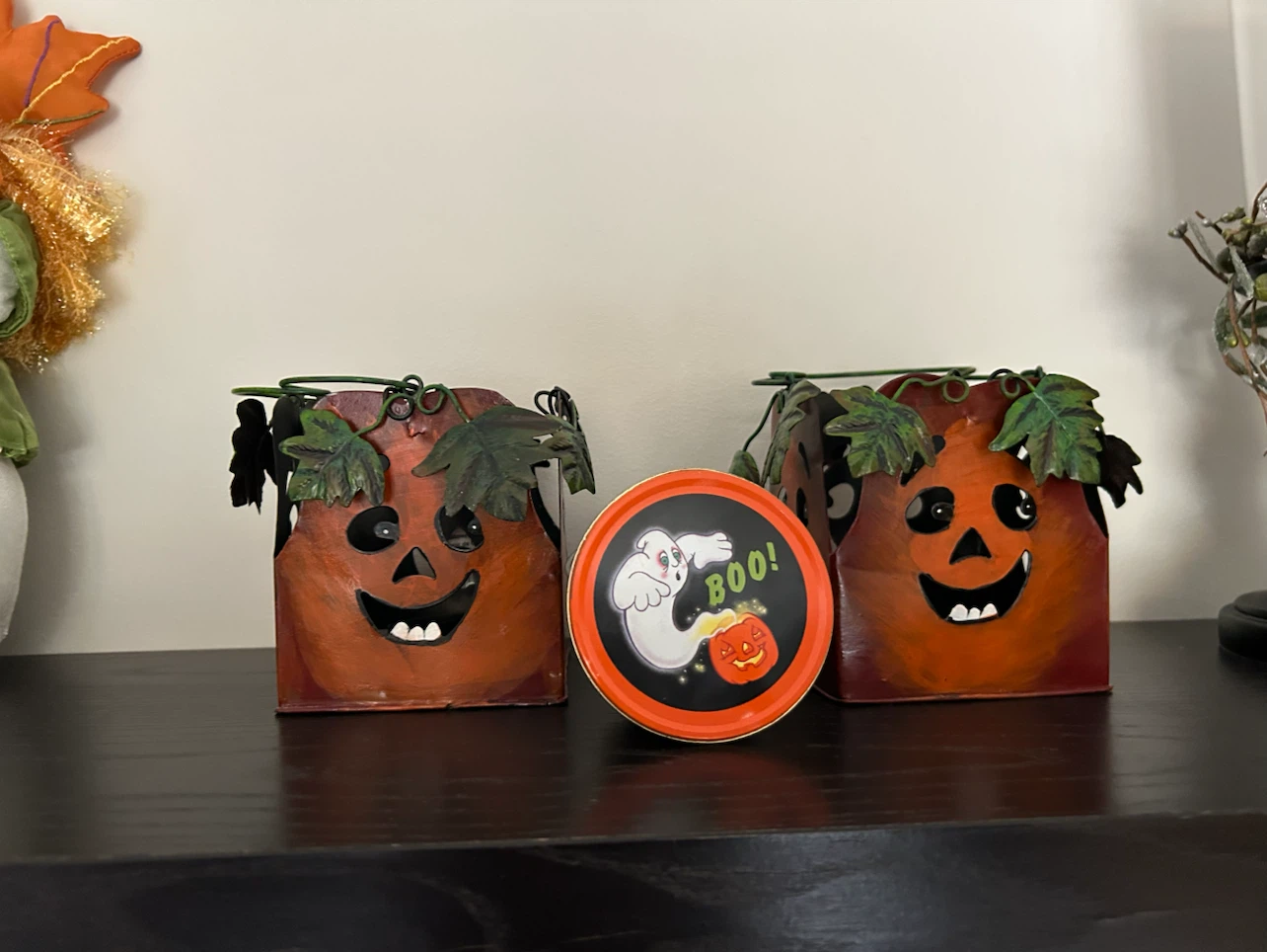 Two Halloween Pumpkin Tealight Holders + Small Tin, never used