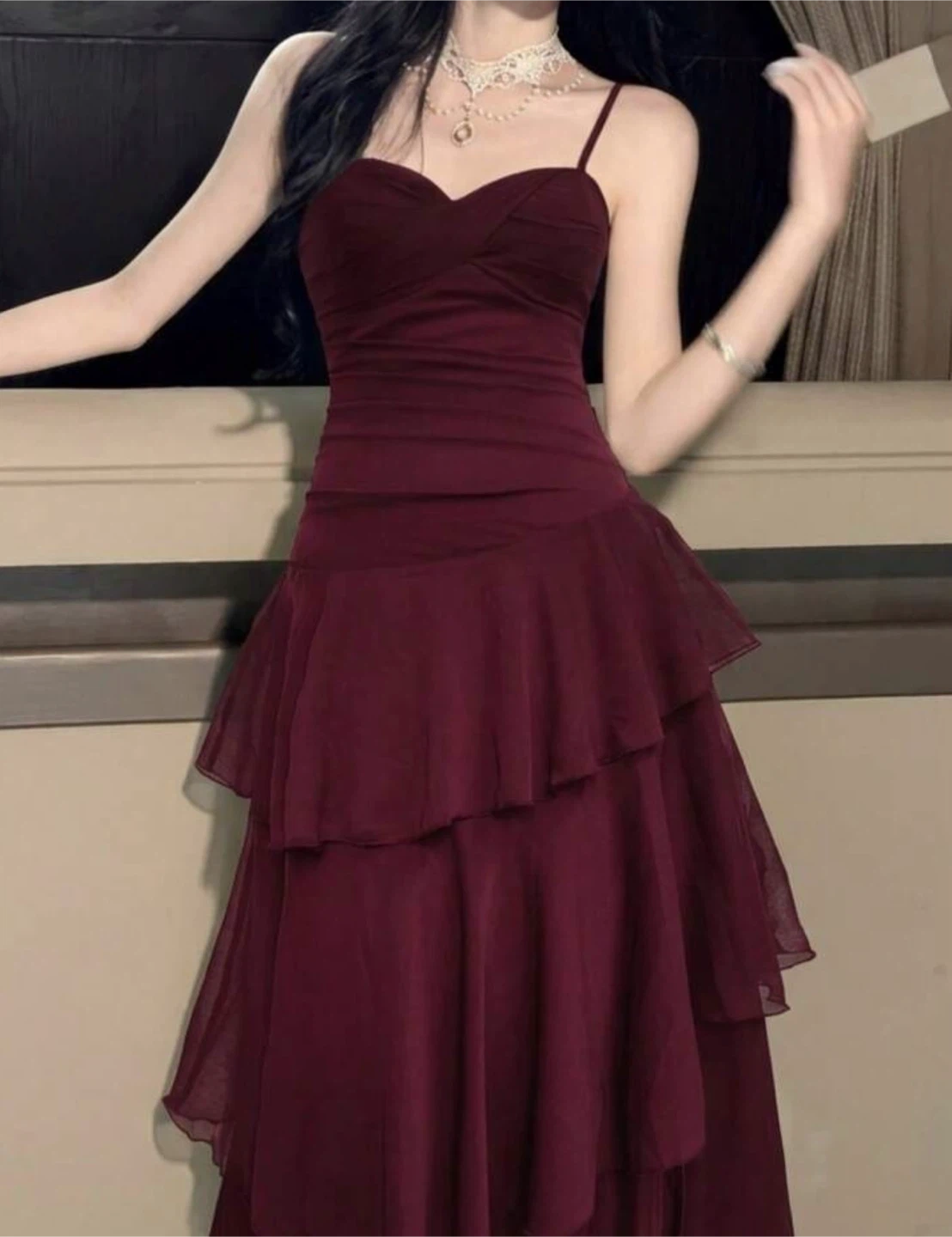 XS Maroon / Burgundy tiered chiffon formal dress