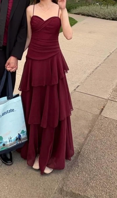 XS Maroon / Burgundy tiered chiffon formal dress - photo 2