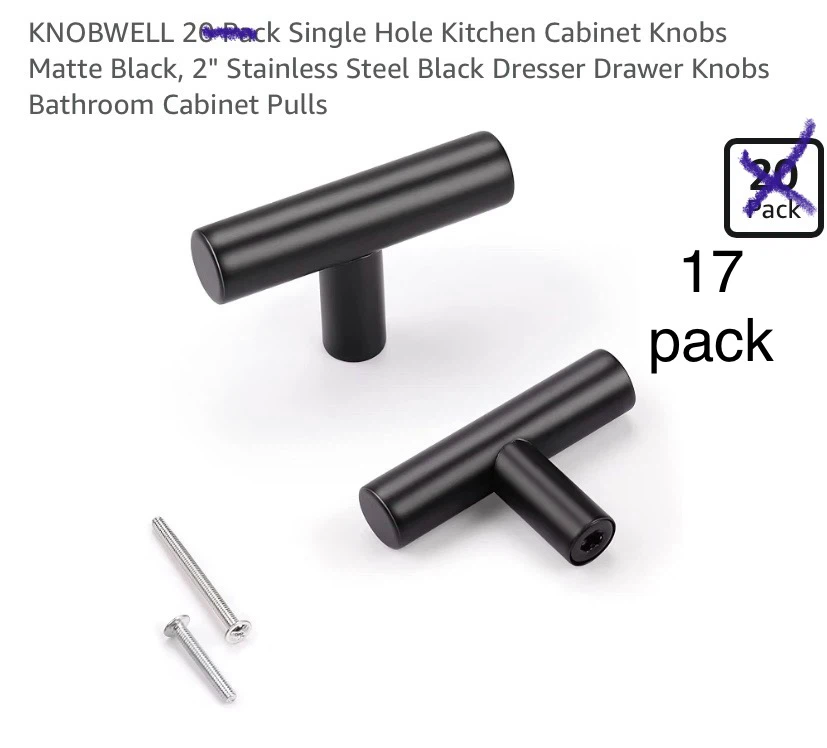 Knobwell T-Shape Single Hole 2 inch Cabinet Knobs 17pc