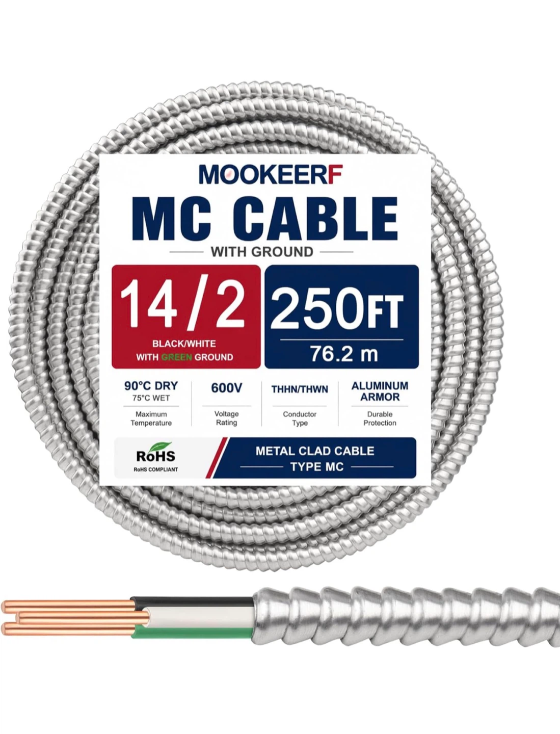 MOOKEERF 14/2 MC Cable with Ground - 250FT Pure Copper