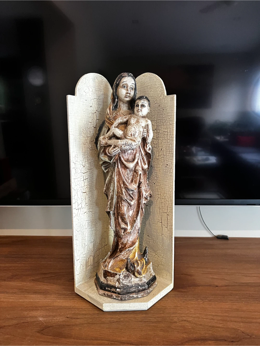 Antique Wooden Carving of Madonna and Child