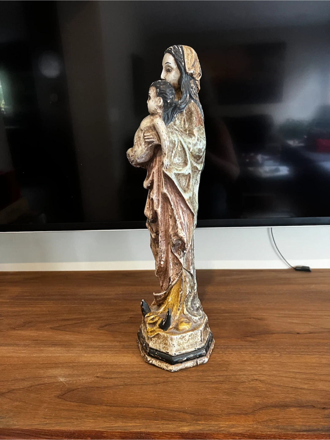 Antique Wooden Carving of Madonna and Child - photo 5