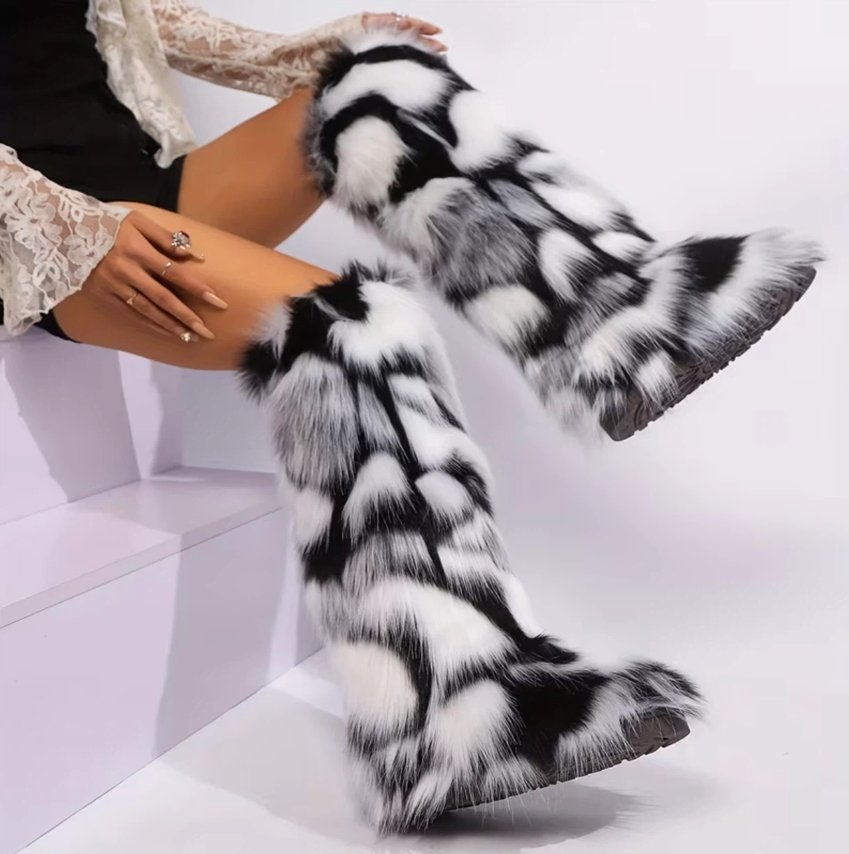 Black and White Faux Fur Boots