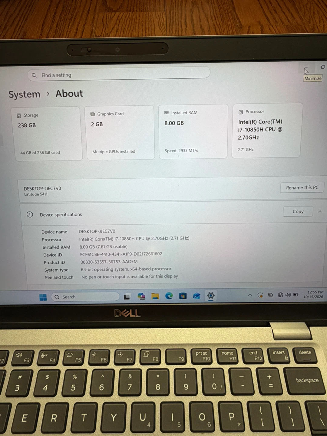 Dell laptop I7/8GB RAM/GPU 2GB VRAM/256GB SSD - photo 2