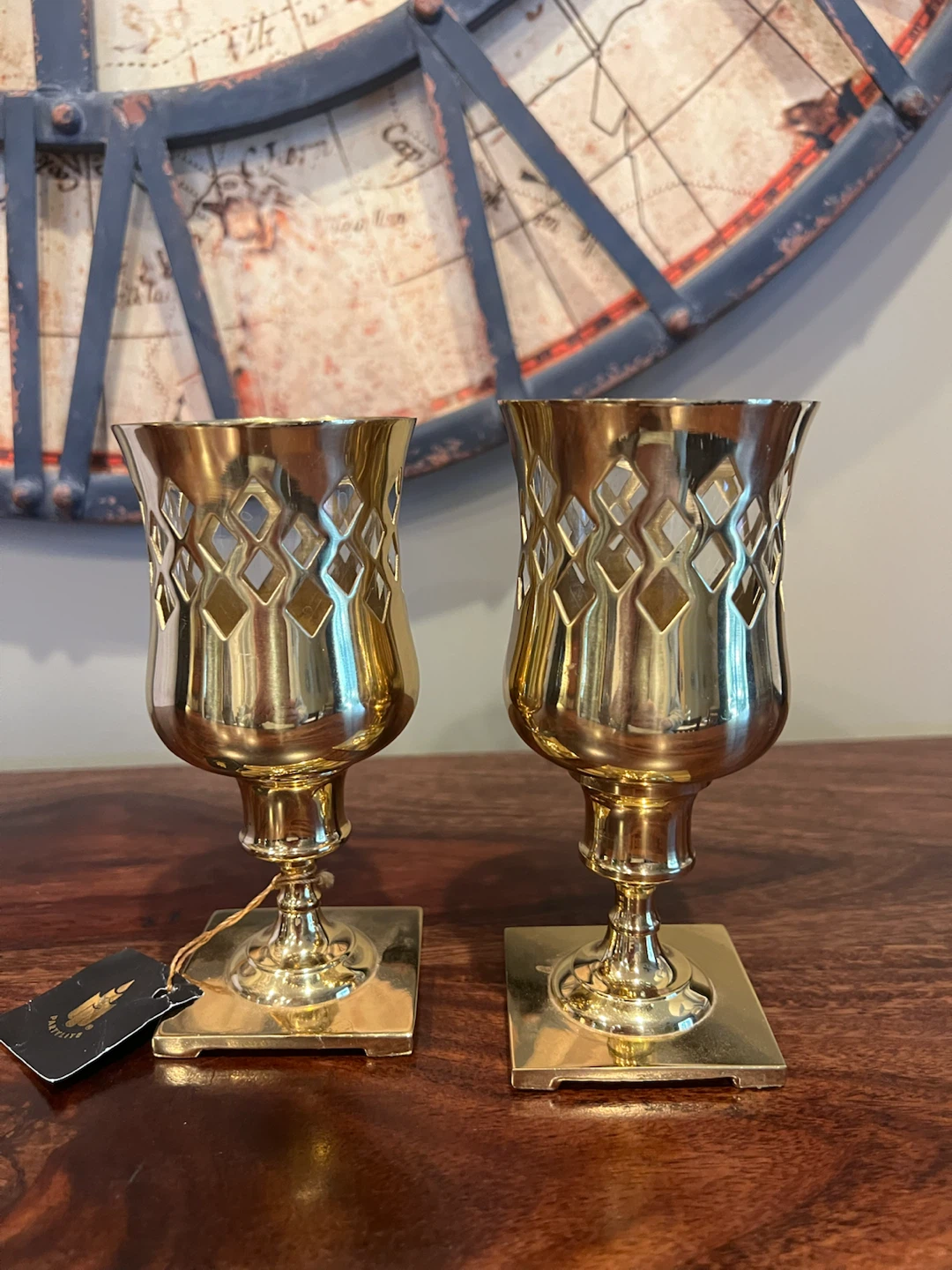 PartyLite 2-in-1 Brass & Glass Hurricane Set