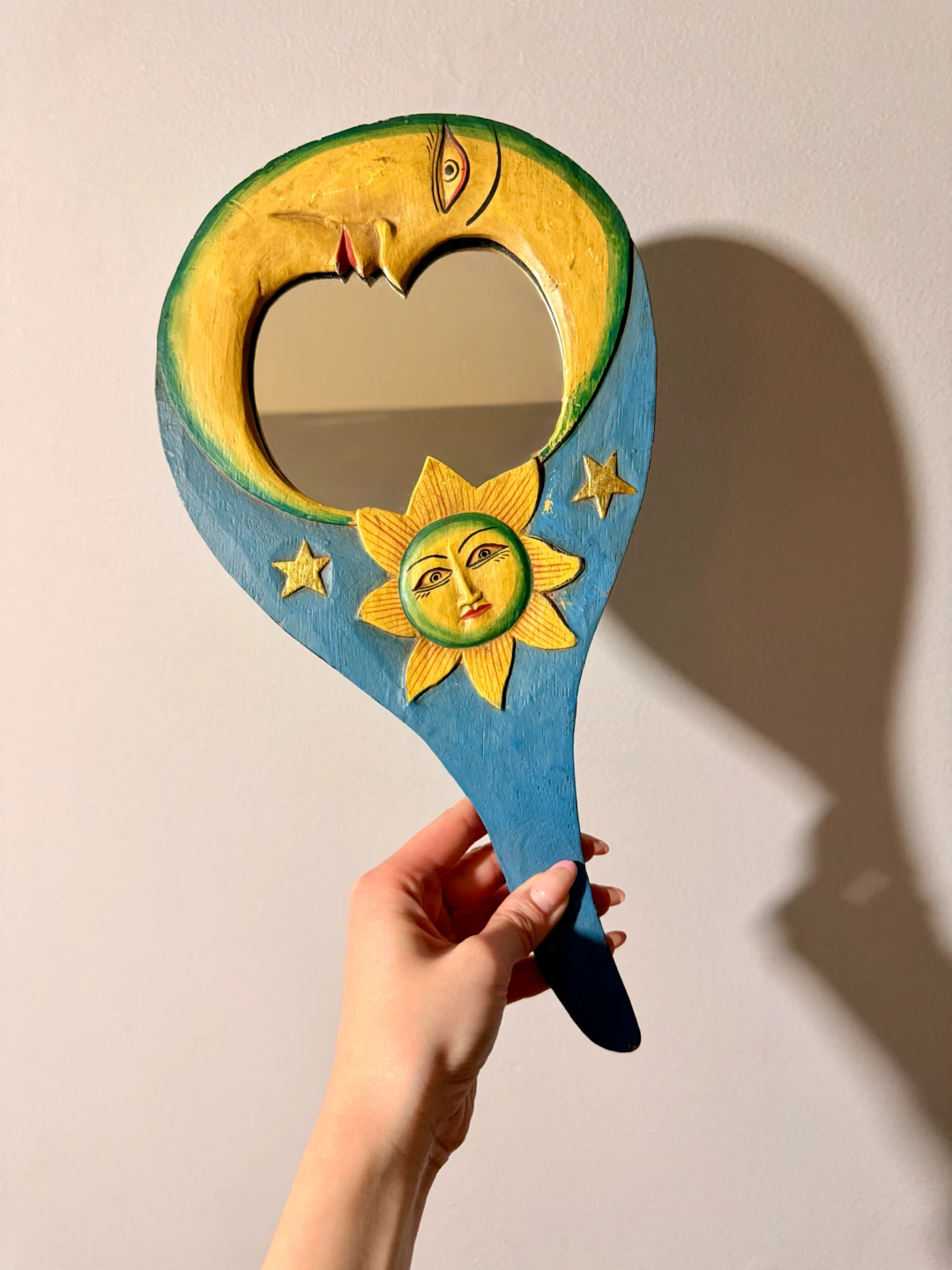 90s Sun & Moon Celestial Handheld Mirror, Hand Carved & Painted