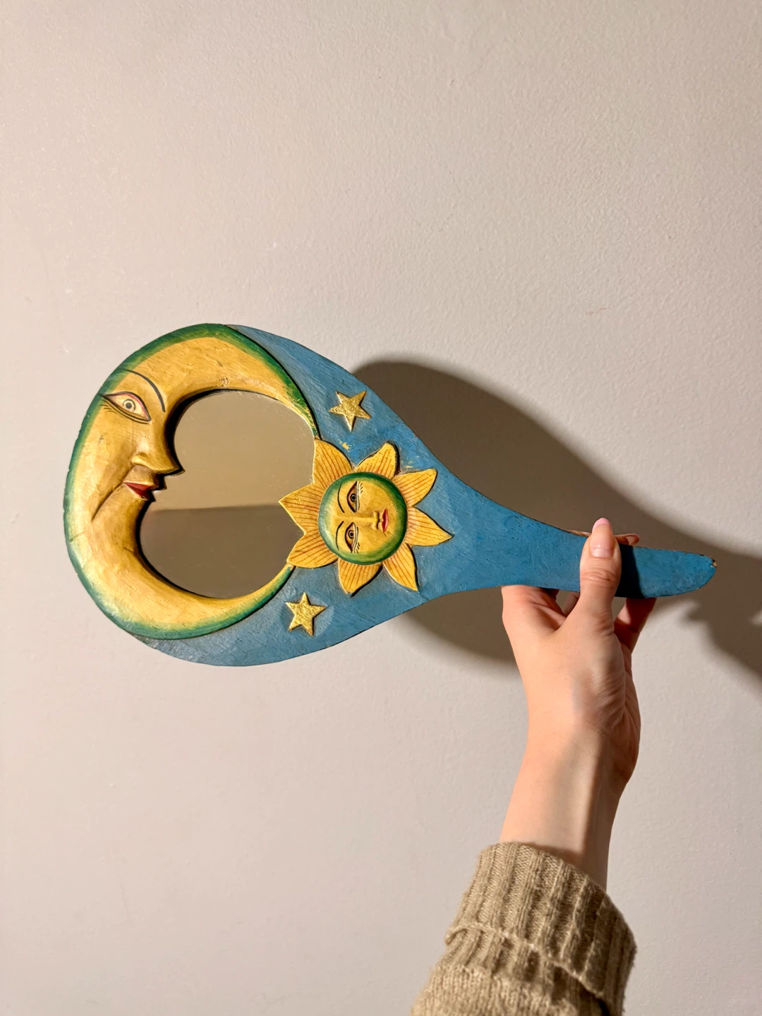90s Sun & Moon Celestial Handheld Mirror, Hand Carved & Painted - photo 2