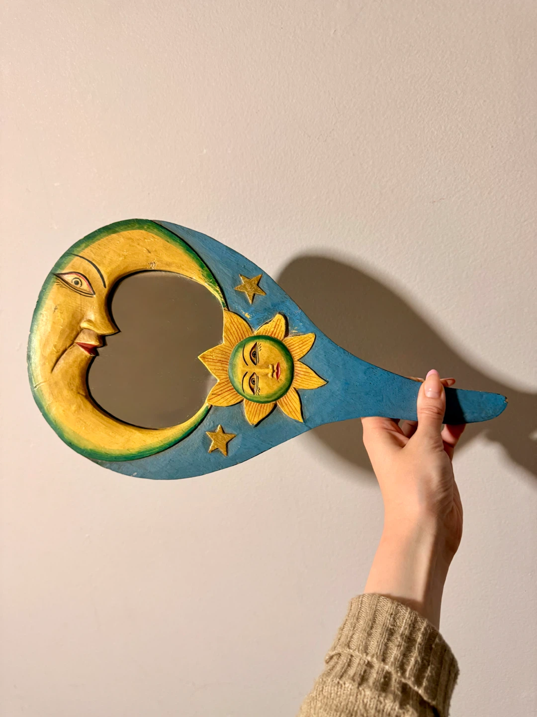90s Sun & Moon Celestial Handheld Mirror, Hand Carved & Painted - photo 3