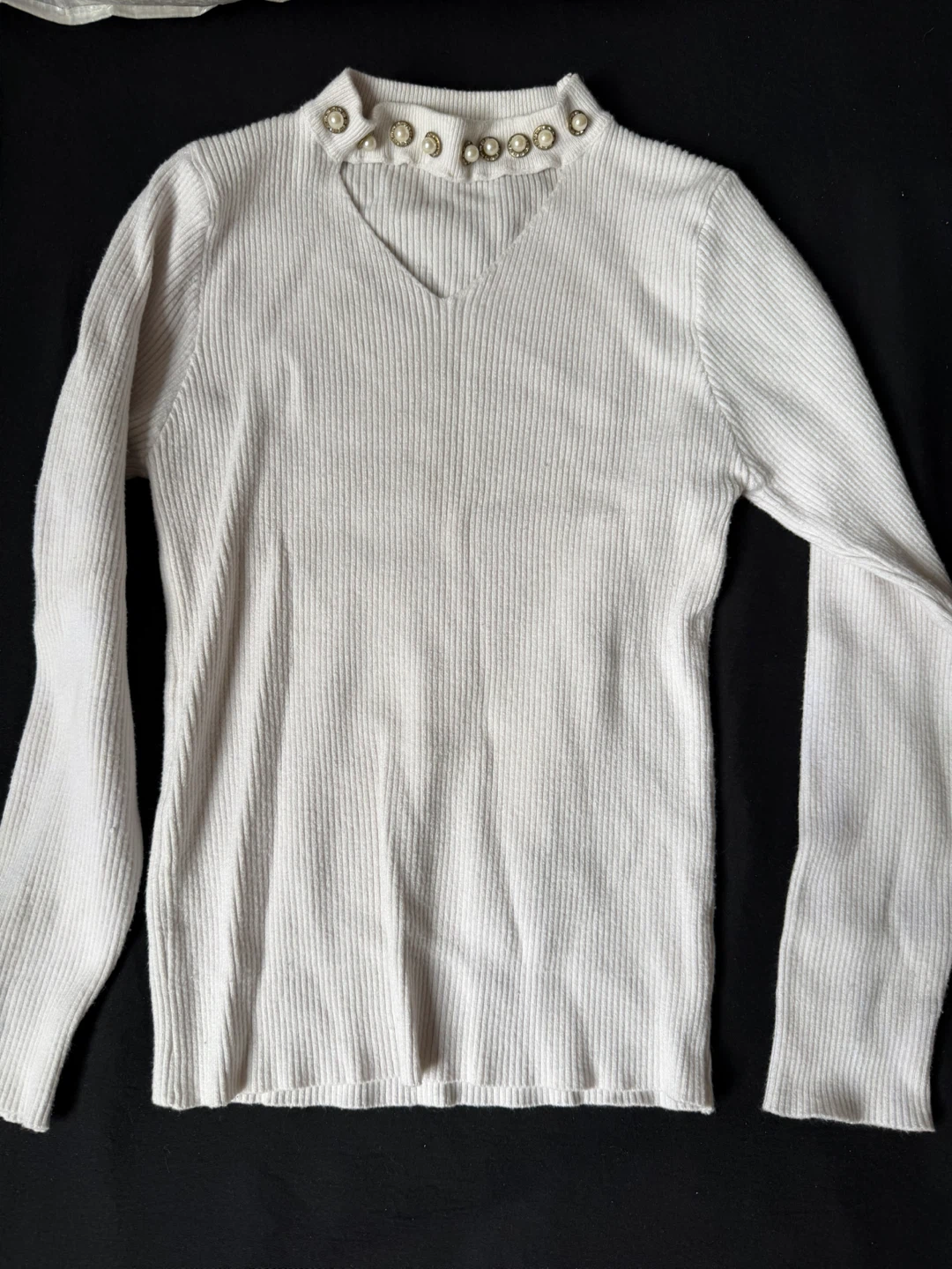 Cream Ribbed Long-Sleeve Top with Pearl Detail