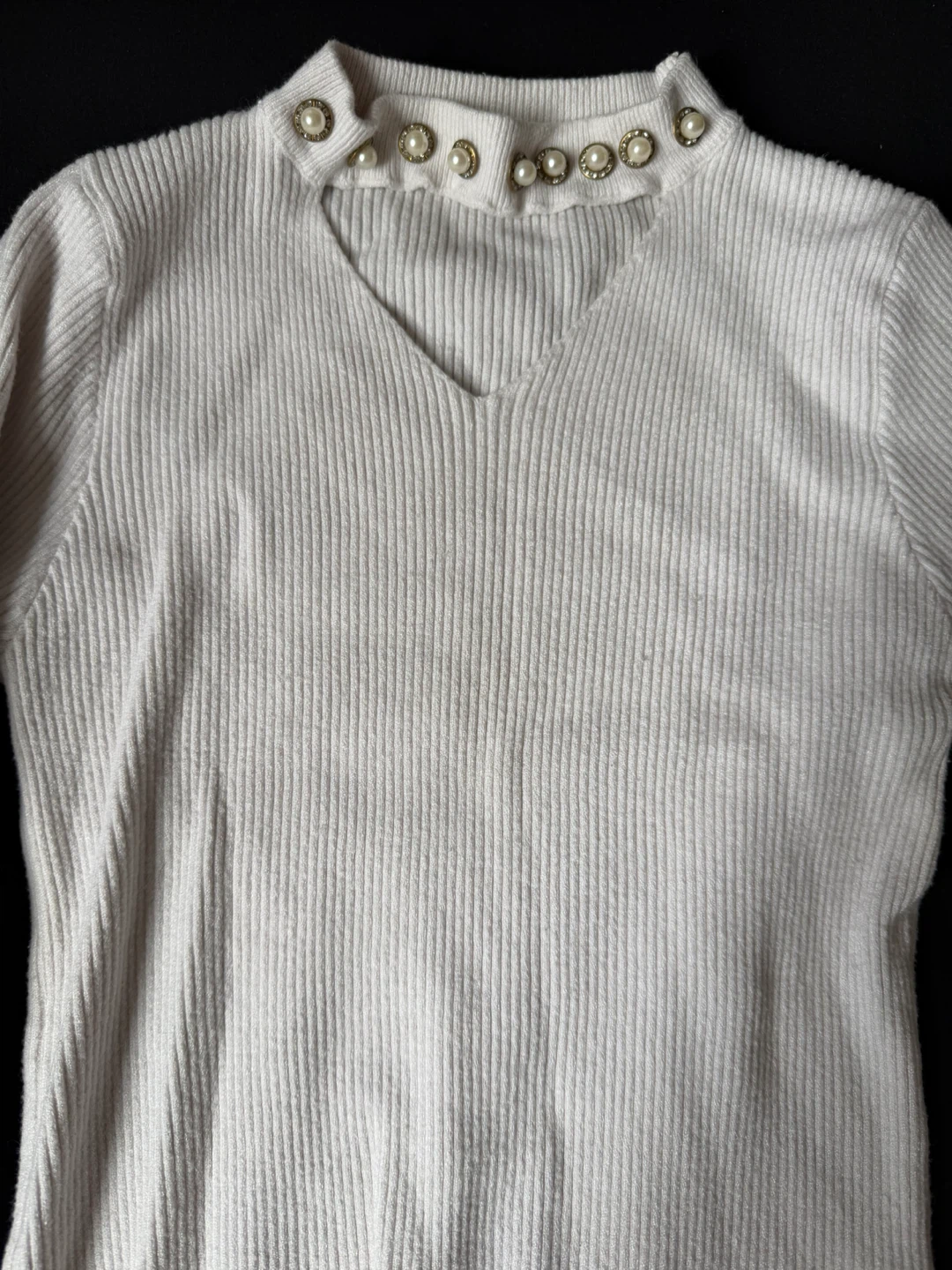 Cream Ribbed Long-Sleeve Top with Pearl Detail - photo 2